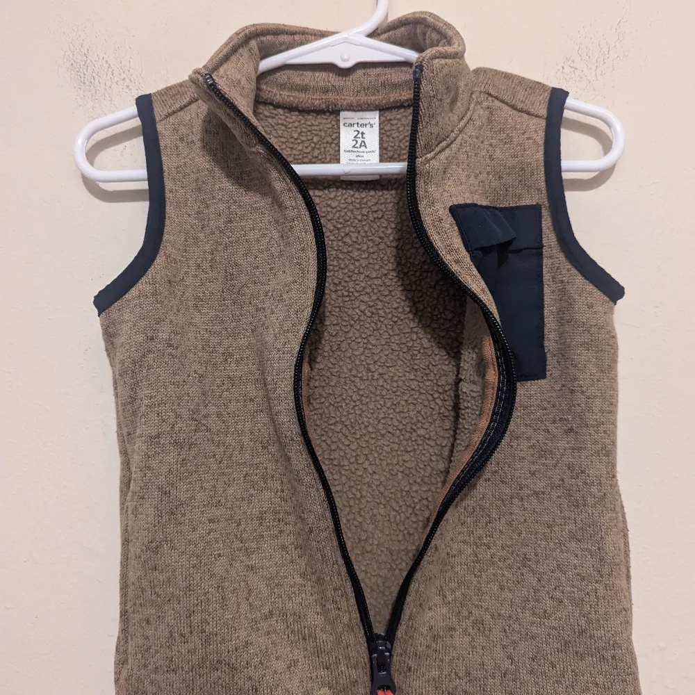 Carter's Tan Knit Fleece Vest with Navy Pocket